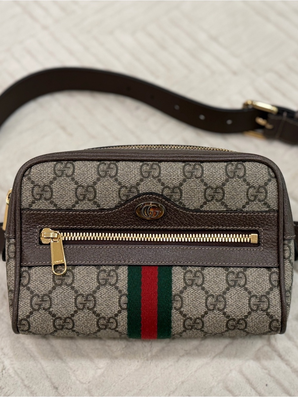 Gucci Brown GG Supreme Belt Bag with Green and Red Web